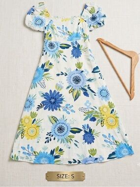Blu Pepper White Floral Puff-Sleeve A-Line Dress with Blue and Yellow Blooms